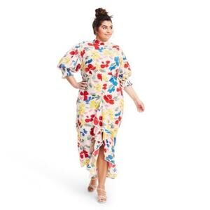Rixo floral mock neck cascade ruffle dress